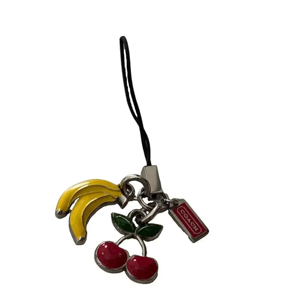 Coach Enamel Cherry & Bananas vintage Y2K phone Charm Silver Tone 3” Long